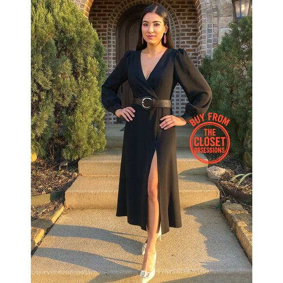 ZARA Black Belted Midi Dress NWT | Blogger Favorite | Long Sleeve Split Hem - Picture 7 of 14